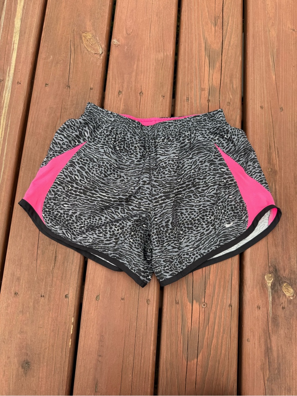 Nike Girls Gray Animal-Print Athletic Shorts with Pink Panels